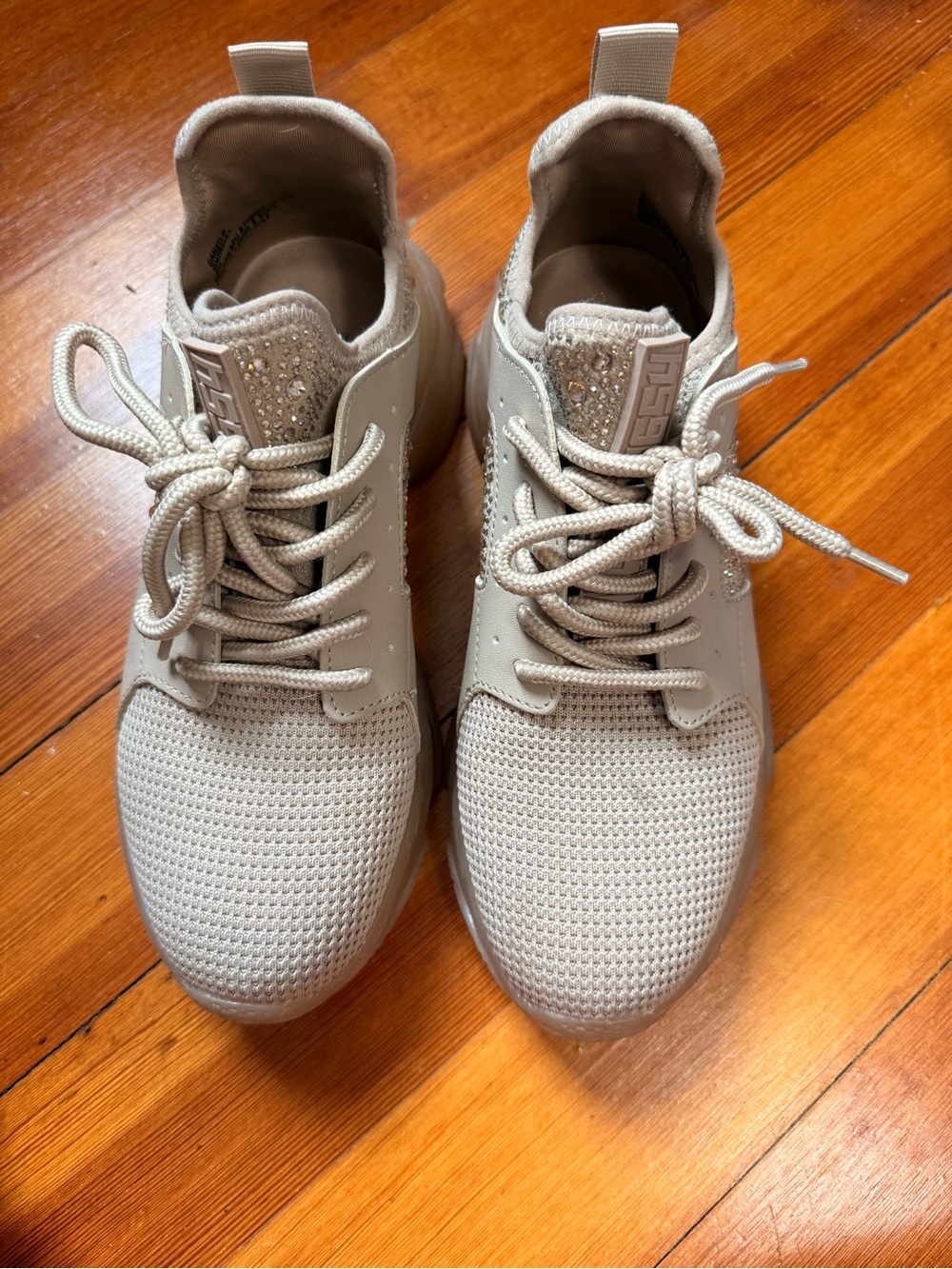 Steve Madden Beige Knit Platform Sneakers with Crystal Accent